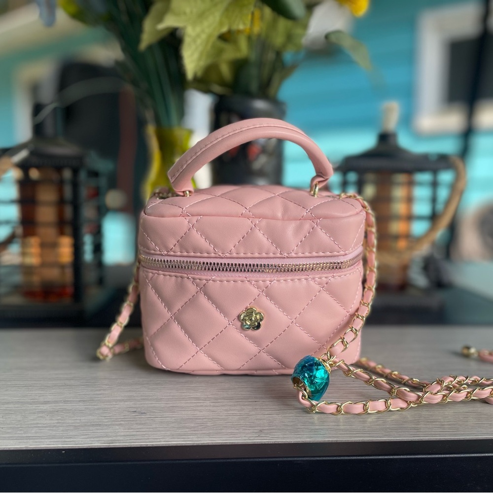 Pink Quilted Mini Handbag – Glossy Finish w/ Gold Chain Strap & Charm